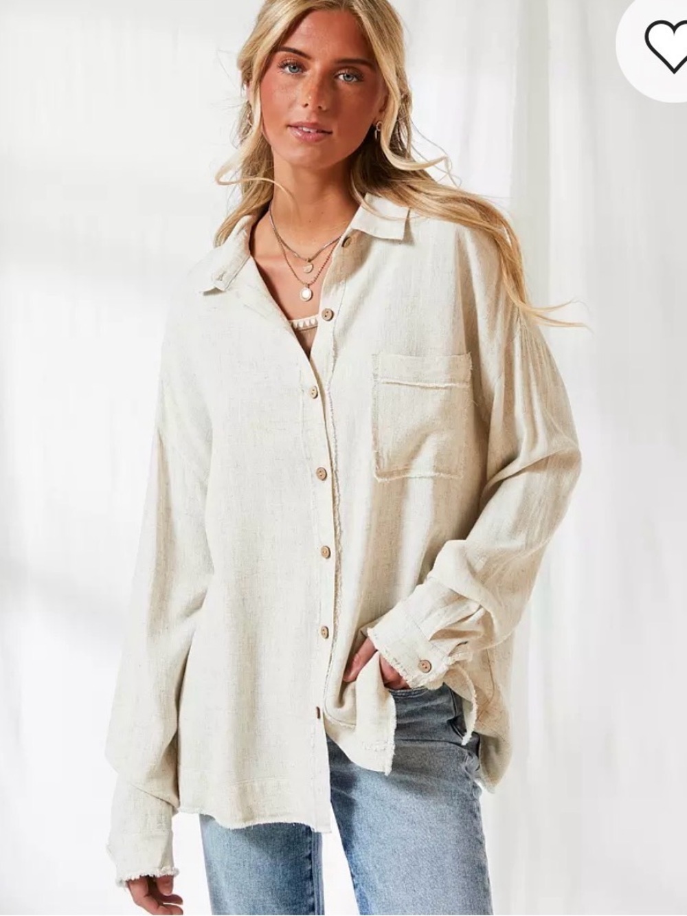 BKE Cream Button-Front Oversized Shirt LINEN BLEN oatmeal color